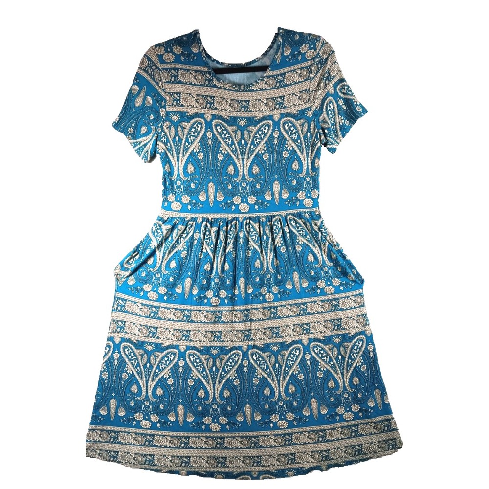 Stretch Dress‎ S/M Teal Beige Floral  Print Short Sleeve Liquit Knit Pockets